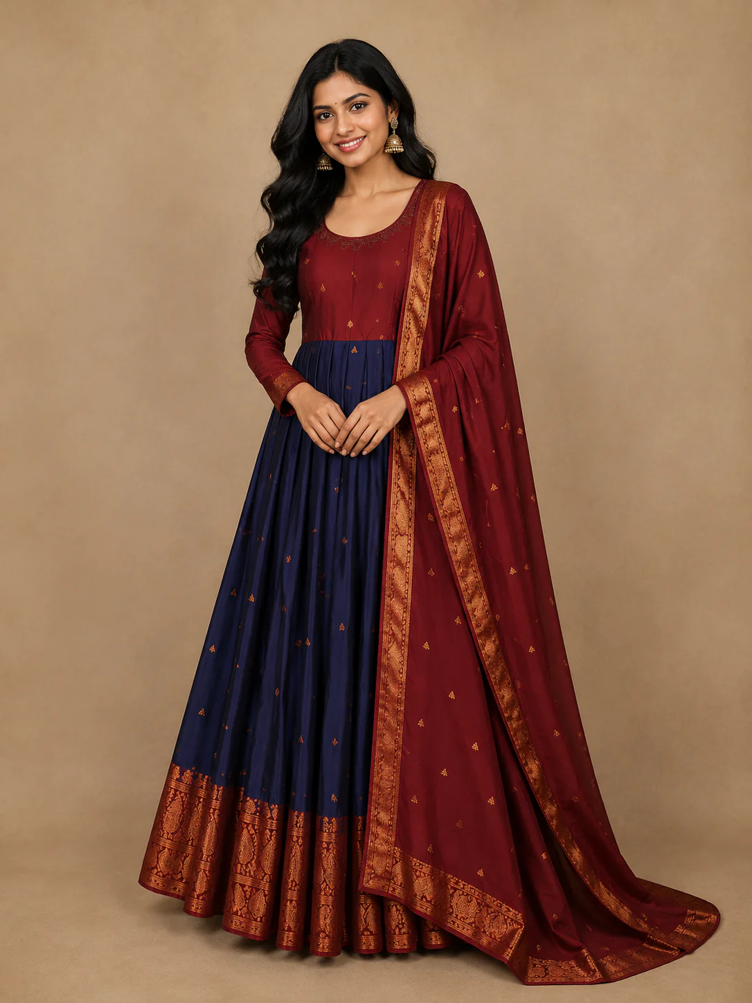Maroon And Navy Blue Banarasi Silk Anarkali Gown with Dupatta